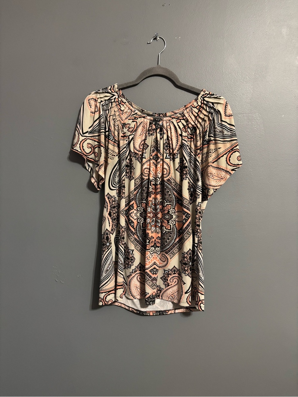 Style & Co. Beige,Pink, & Black Paisley Pleated Y2K boho Fairycore flowy Blouse